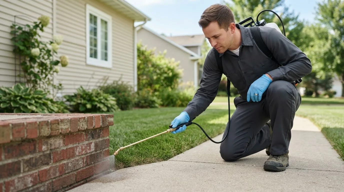 Pest control technician treating a home near Ashton, ID